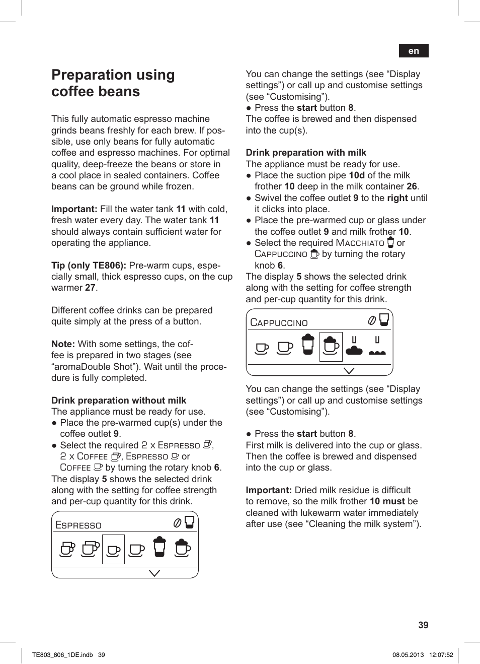 Preparation using coffee beans | Siemens TE803509DE User Manual | Page 43 / 112