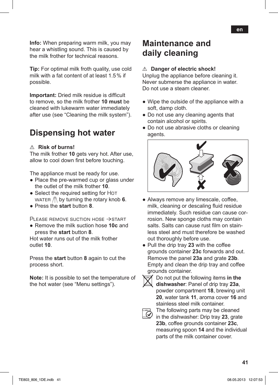 Dispensing hot water, Maintenance and daily cleaning | Siemens TE803509DE User Manual | Page 45 / 112