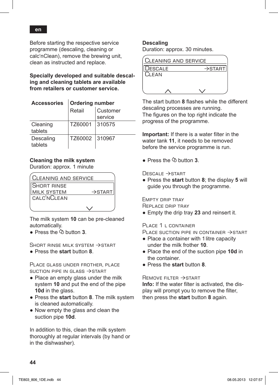 Cleaning and service short rinse milk system, Start calc‘nclean, Cleaning and service descale | Start clean | Siemens TE803509DE User Manual | Page 48 / 112