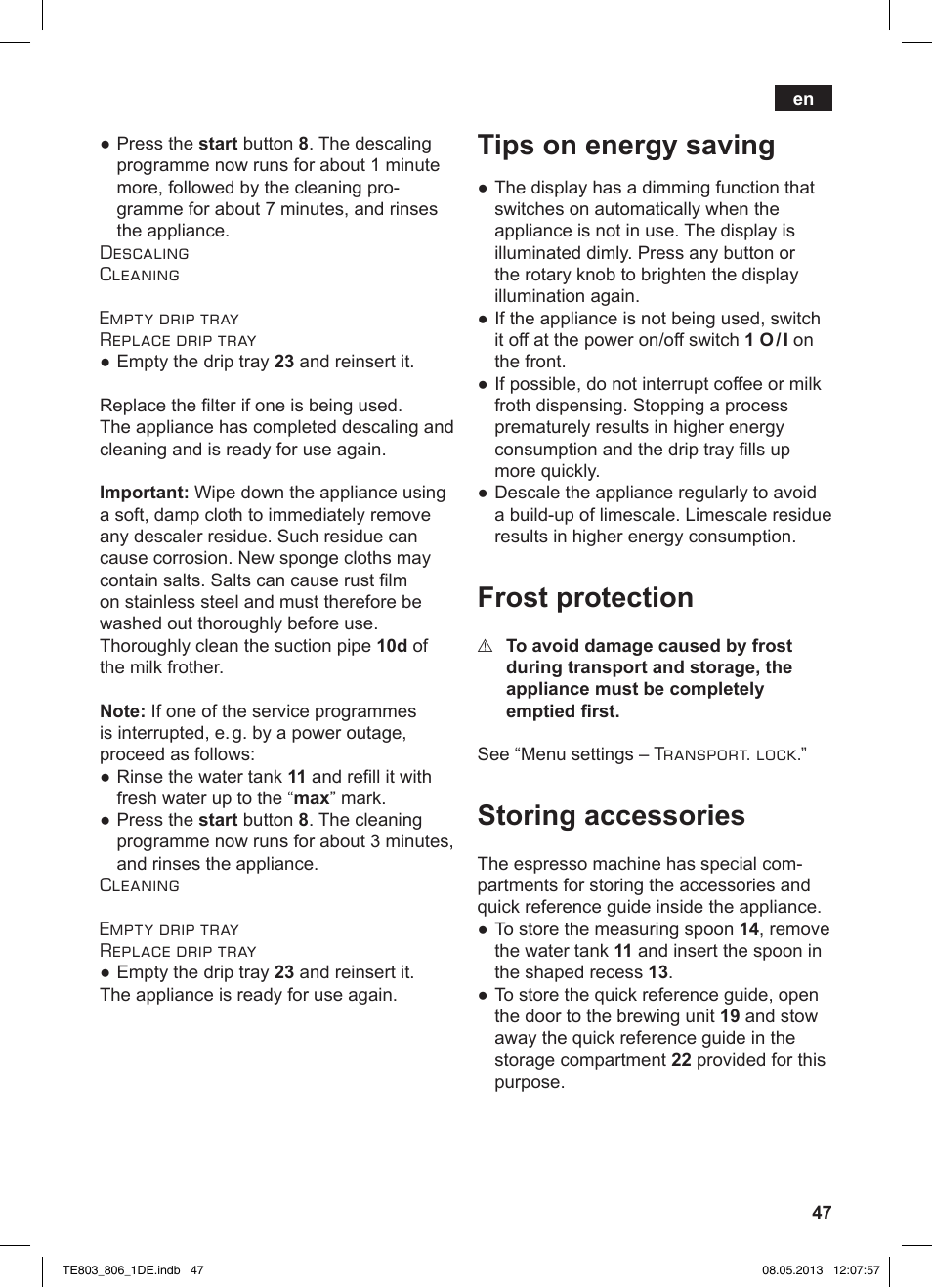 Tips on energy saving, Frost protection, Storing accessories | Siemens TE803509DE User Manual | Page 51 / 112