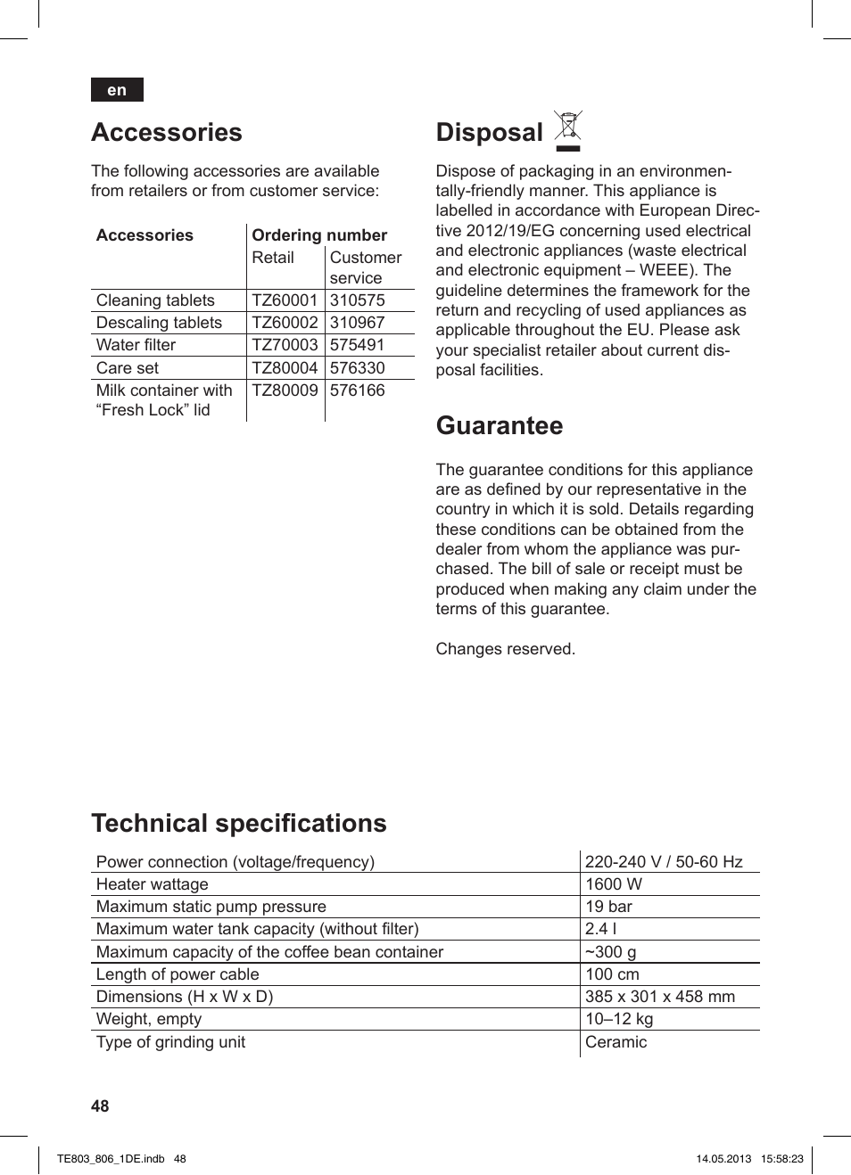 Accessories, Technical specifications, Disposal | Guarantee | Siemens TE803509DE User Manual | Page 52 / 112