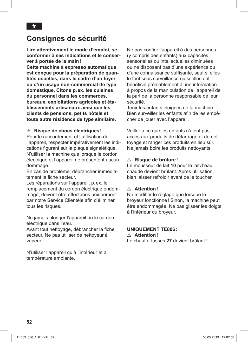 Consignes de sécurité | Siemens TE803509DE User Manual | Page 56 / 112