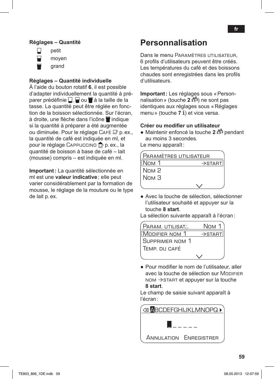 Personnalisation | Siemens TE803509DE User Manual | Page 63 / 112