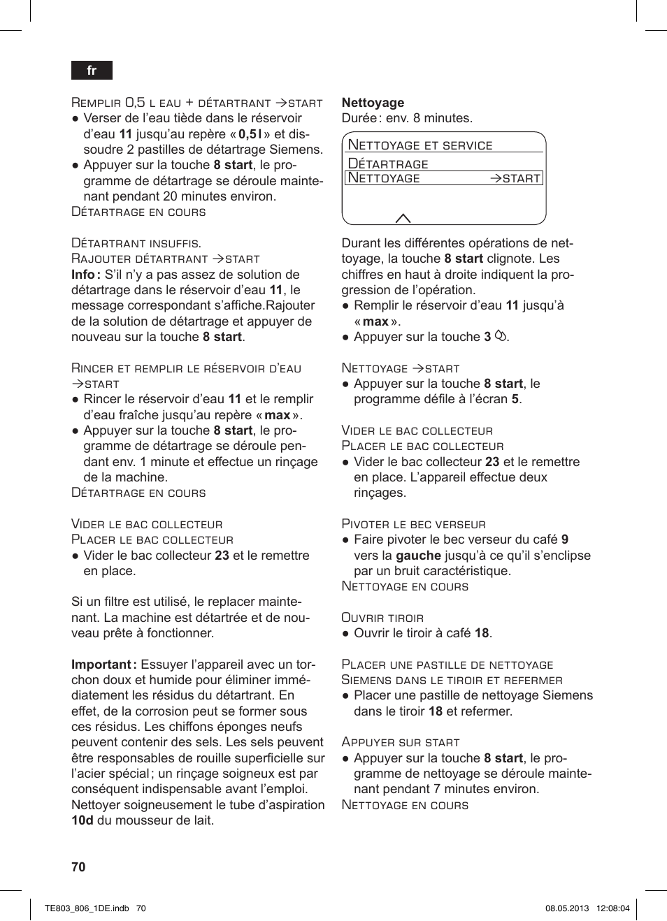 Nettoyage et service détartrage nettoyage, Start | Siemens TE803509DE User Manual | Page 74 / 112
