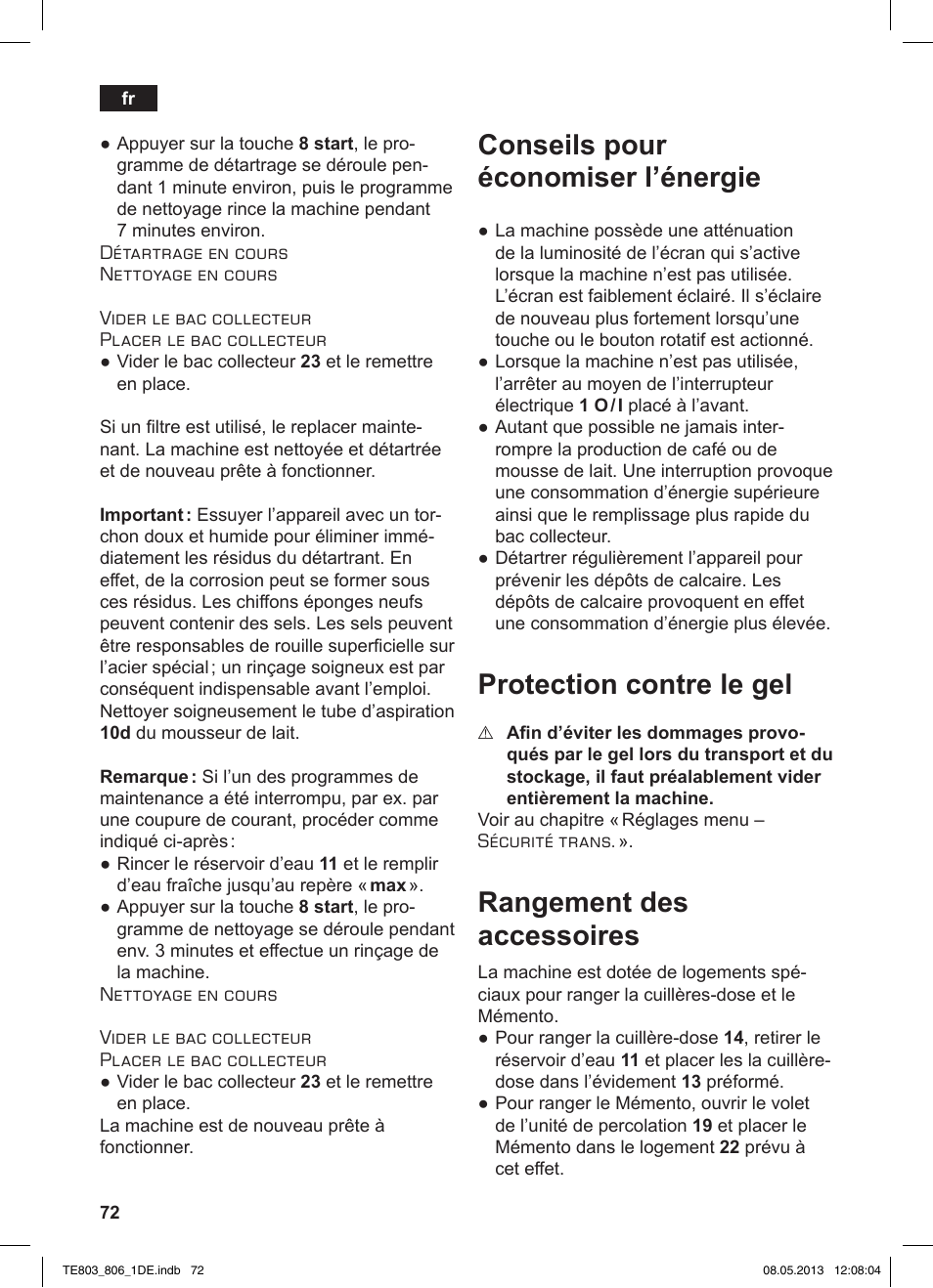 Conseils pour économiser l’énergie, Protection contre le gel, Rangement des accessoires | Siemens TE803509DE User Manual | Page 76 / 112