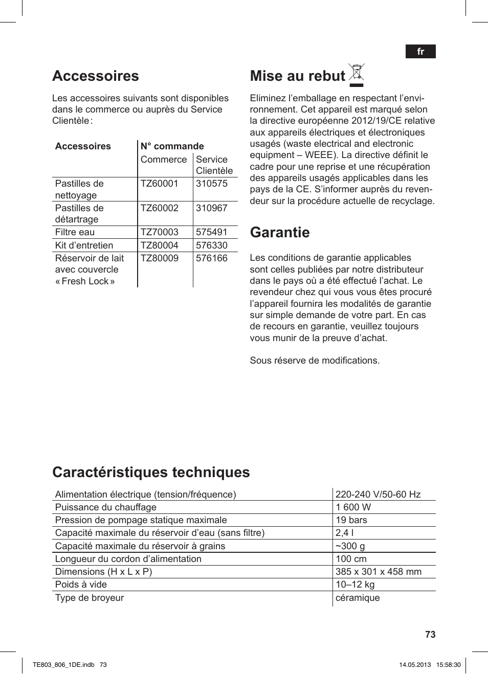 Accessoires, Mise au rebut, Garantie | Caractéristiques techniques | Siemens TE803509DE User Manual | Page 77 / 112