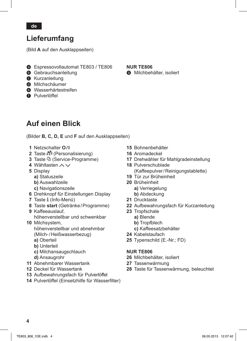 Auf einen blick, Lieferumfang | Siemens TE803509DE User Manual | Page 8 / 112