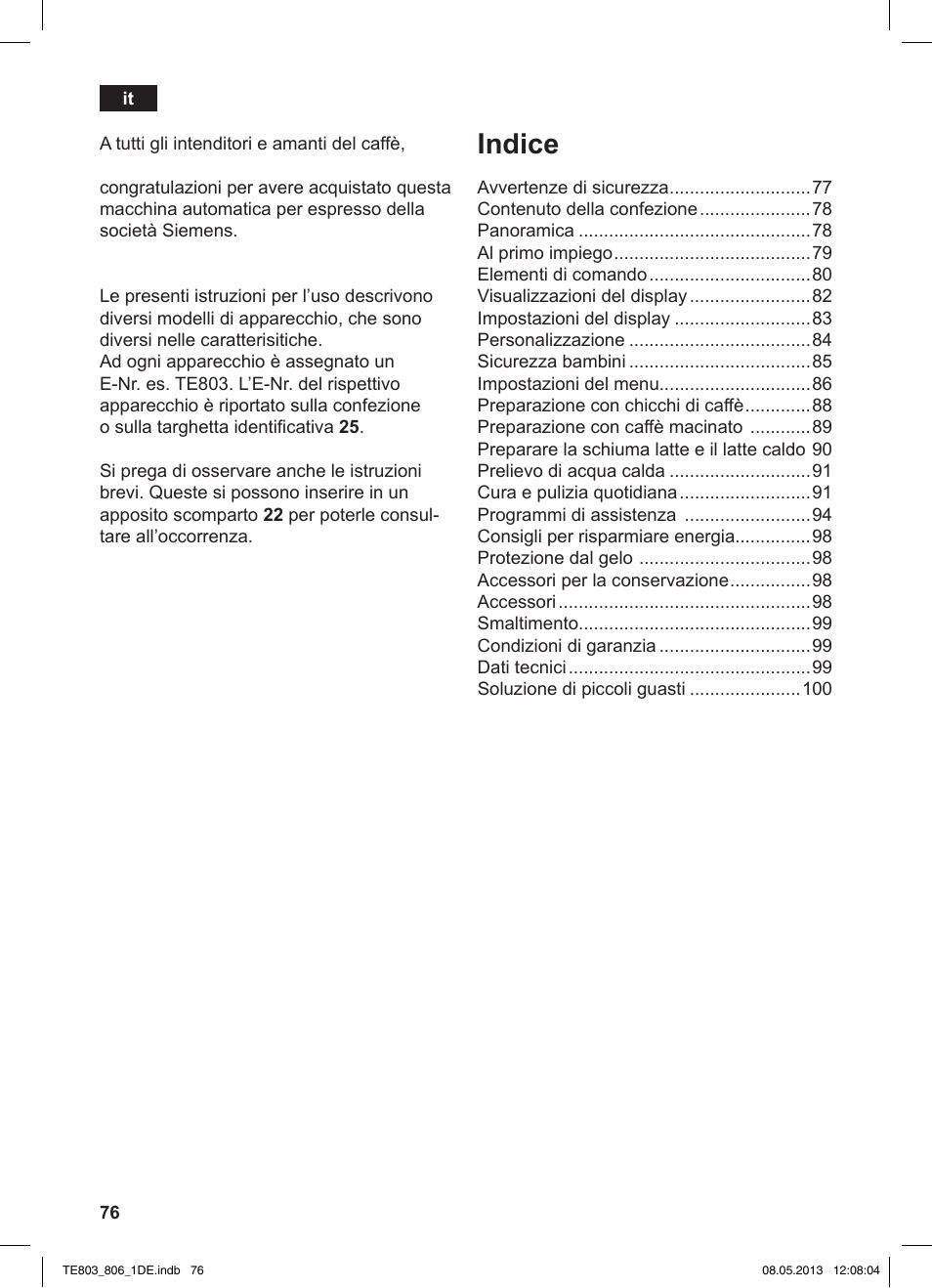 Indice | Siemens TE803509DE User Manual | Page 80 / 112