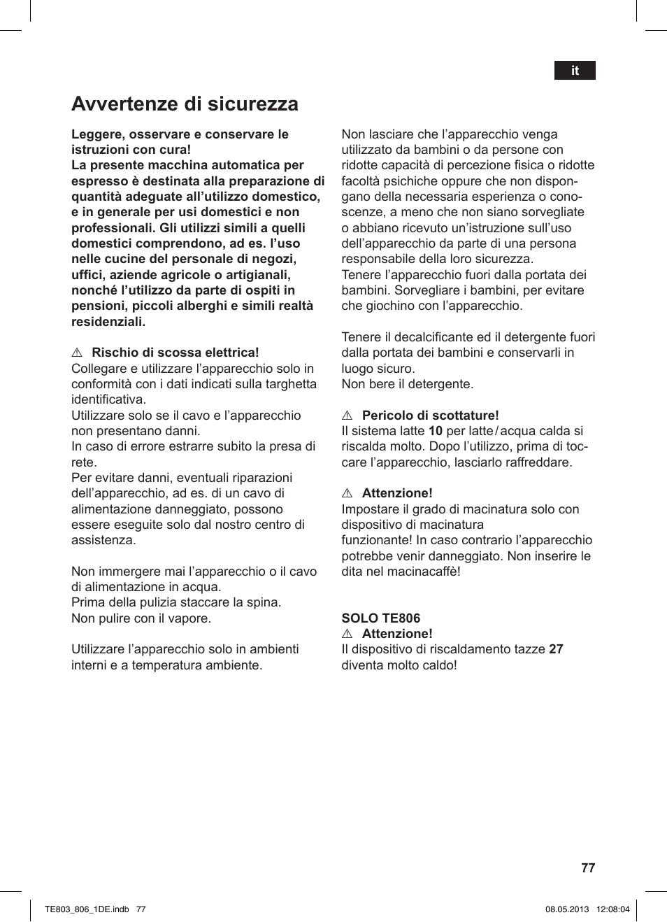 Avvertenze di sicurezza | Siemens TE803509DE User Manual | Page 81 / 112