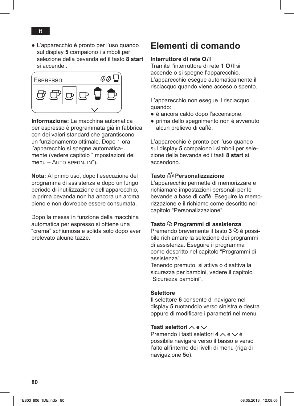 Elementi di comando | Siemens TE803509DE User Manual | Page 84 / 112