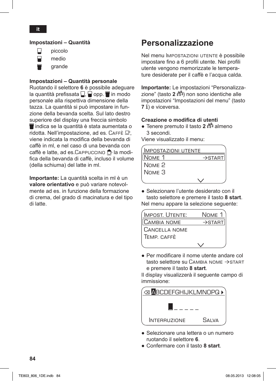 Personalizzazione | Siemens TE803509DE User Manual | Page 88 / 112