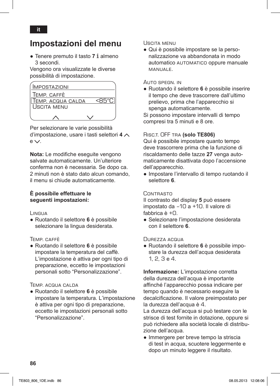 Impostazioni del menu | Siemens TE803509DE User Manual | Page 90 / 112