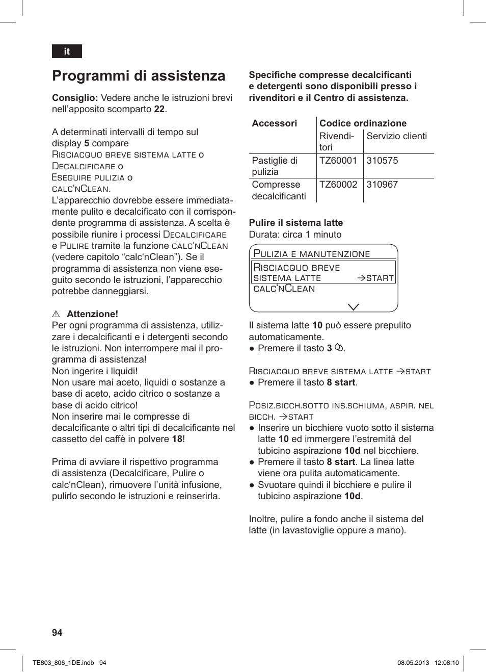 Programmi di assistenza, Start calc‘nclean | Siemens TE803509DE User Manual | Page 98 / 112