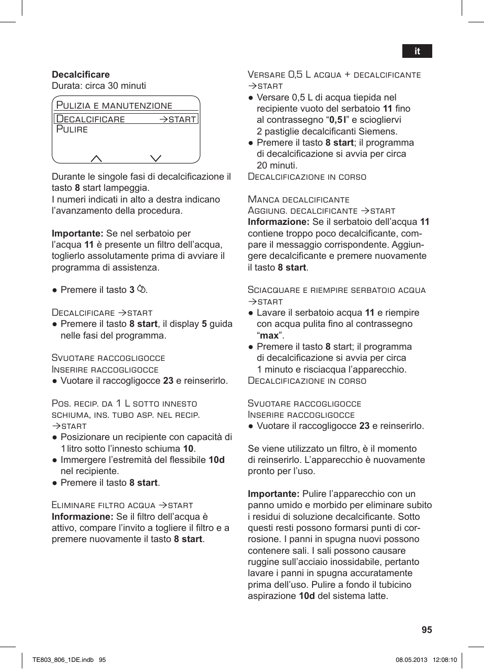 Pulizia e manutenzione decalcificare, Start pulire | Siemens TE803509DE User Manual | Page 99 / 112