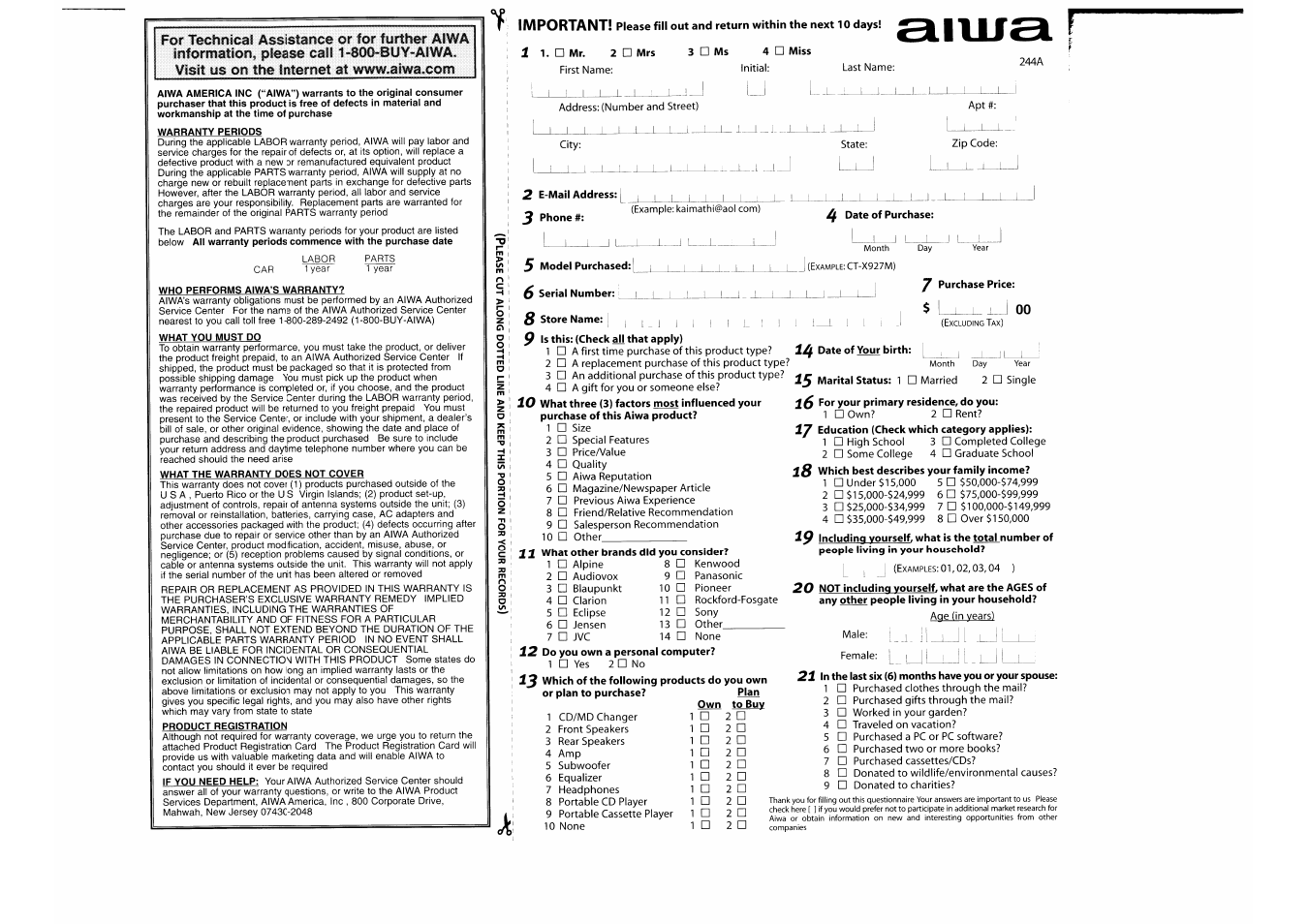 Warranty | Aiwa CDC-X417 User Manual | Page 16 / 18