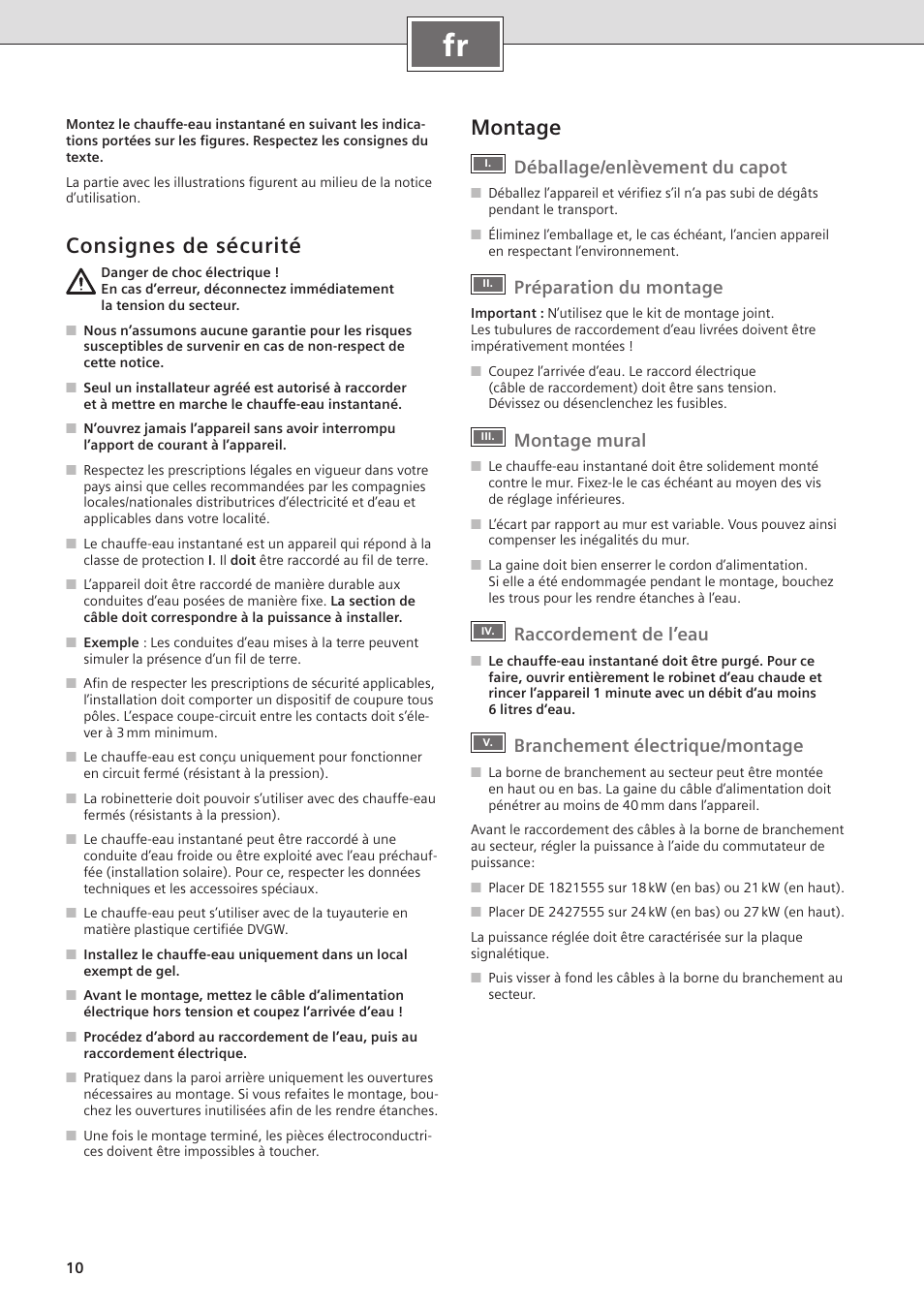 Consignes de sécurité, Montage, Déballage/enlèvement du capot | Préparation du montage, Montage mural, Raccordement de l’eau, Branchement électrique/montage | Siemens DE2427555 User Manual | Page 10 / 36