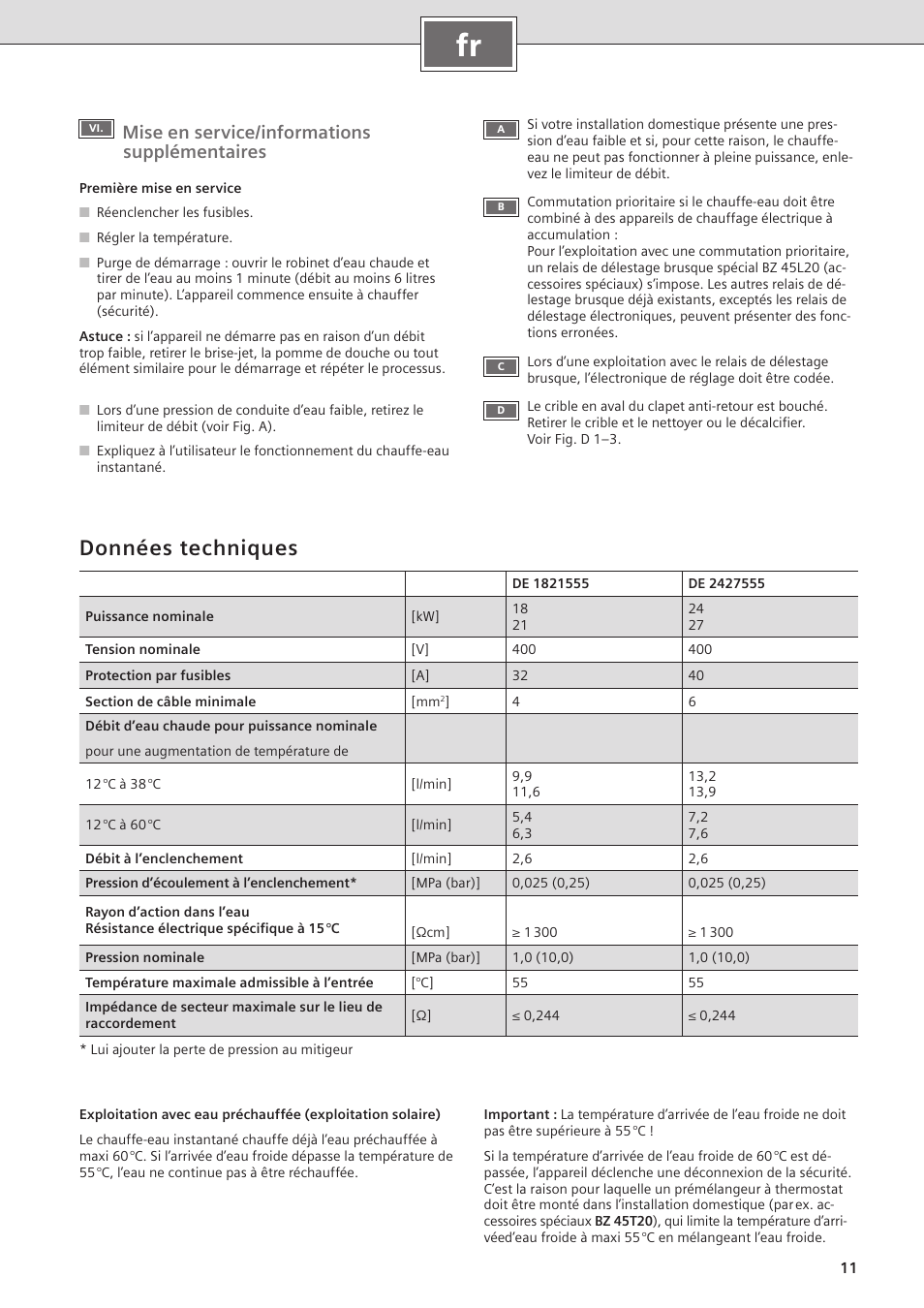 Données techniques, Mise en service/informations supplémentaires | Siemens DE2427555 User Manual | Page 11 / 36