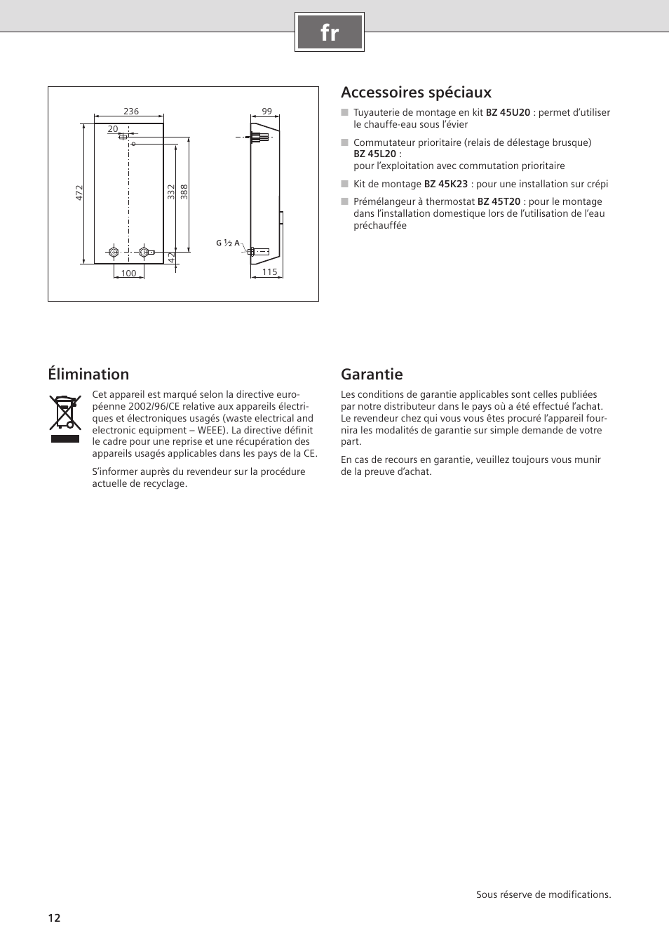 Accessoires spéciaux, Garantie, Élimination | Siemens DE2427555 User Manual | Page 12 / 36