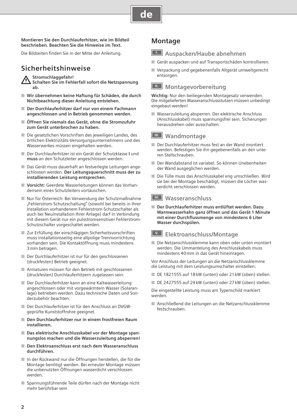 Sicherheitshinweise, Montage, Auspacken/haube abnehmen | Montagevorbereitung, Wandmontage, Wasseranschluss, Elektroanschluss/montage | Siemens DE2427555 User Manual | Page 2 / 36