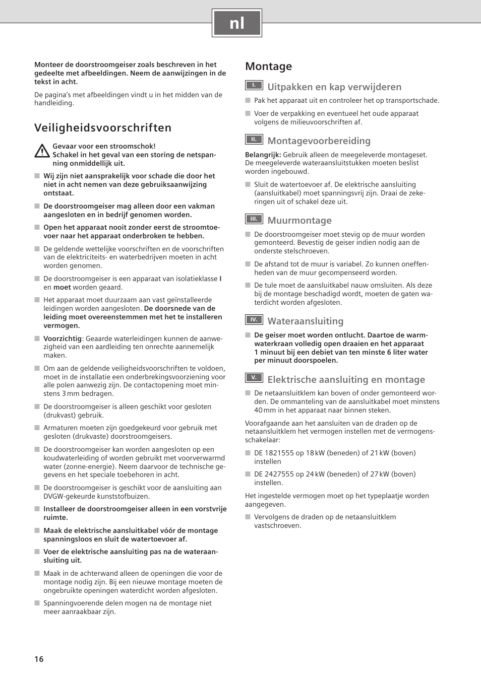 Veiligheidsvoorschriften, Montage, Uitpakken en kap verwijderen | Montagevoorbereiding, Muurmontage, Wateraansluiting, Elektrische aansluiting en montage | Siemens DE2427555 User Manual | Page 24 / 36