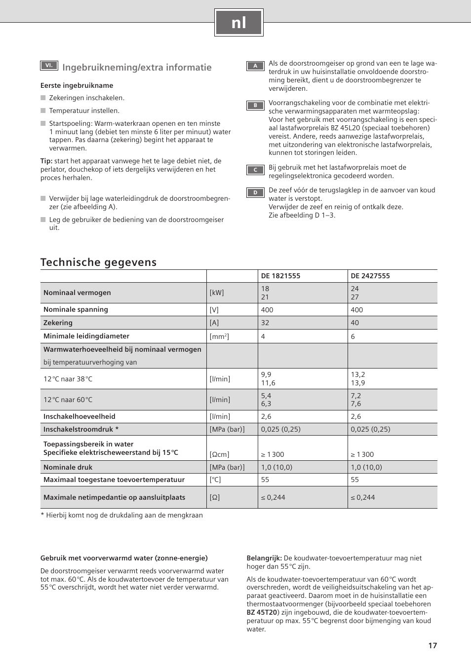 Technische gegevens, Ingebruikneming/extra informatie | Siemens DE2427555 User Manual | Page 25 / 36