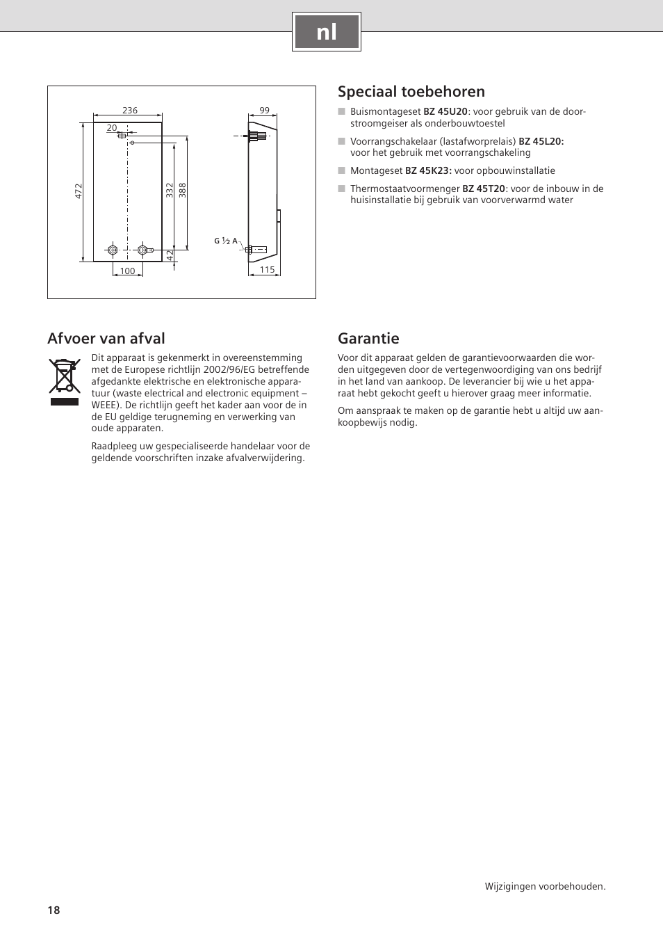 Speciaal toebehoren, Garantie, Afvoer van afval | Siemens DE2427555 User Manual | Page 26 / 36