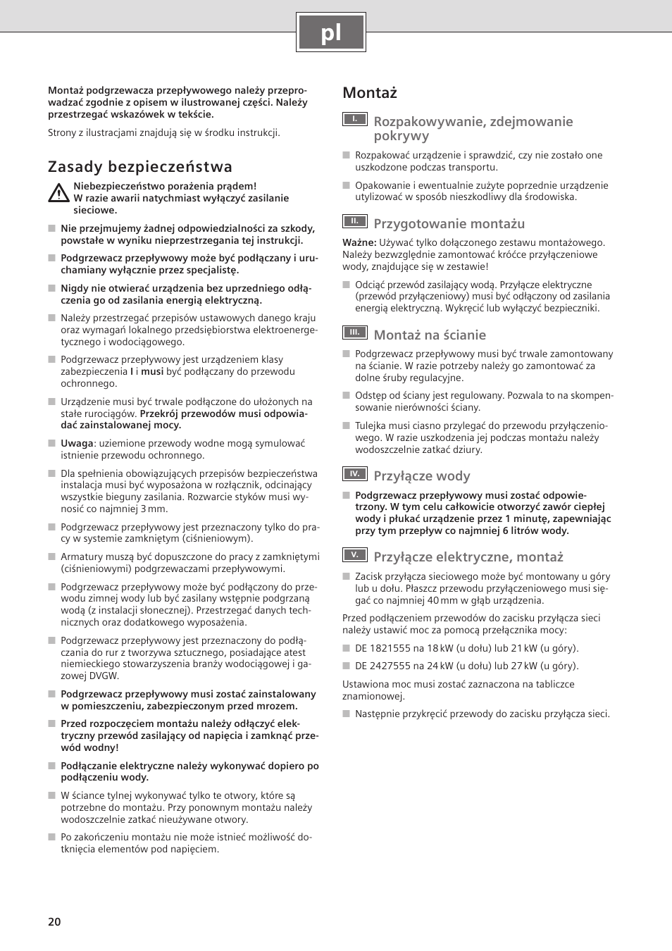 Zasady bezpieczeństwa, Montaż, Rozpakowywanie, zdejmowanie pokrywy | Przygotowanie montażu, Montaż na ścianie, Przyłącze wody, Przyłącze elektryczne, montaż | Siemens DE2427555 User Manual | Page 28 / 36