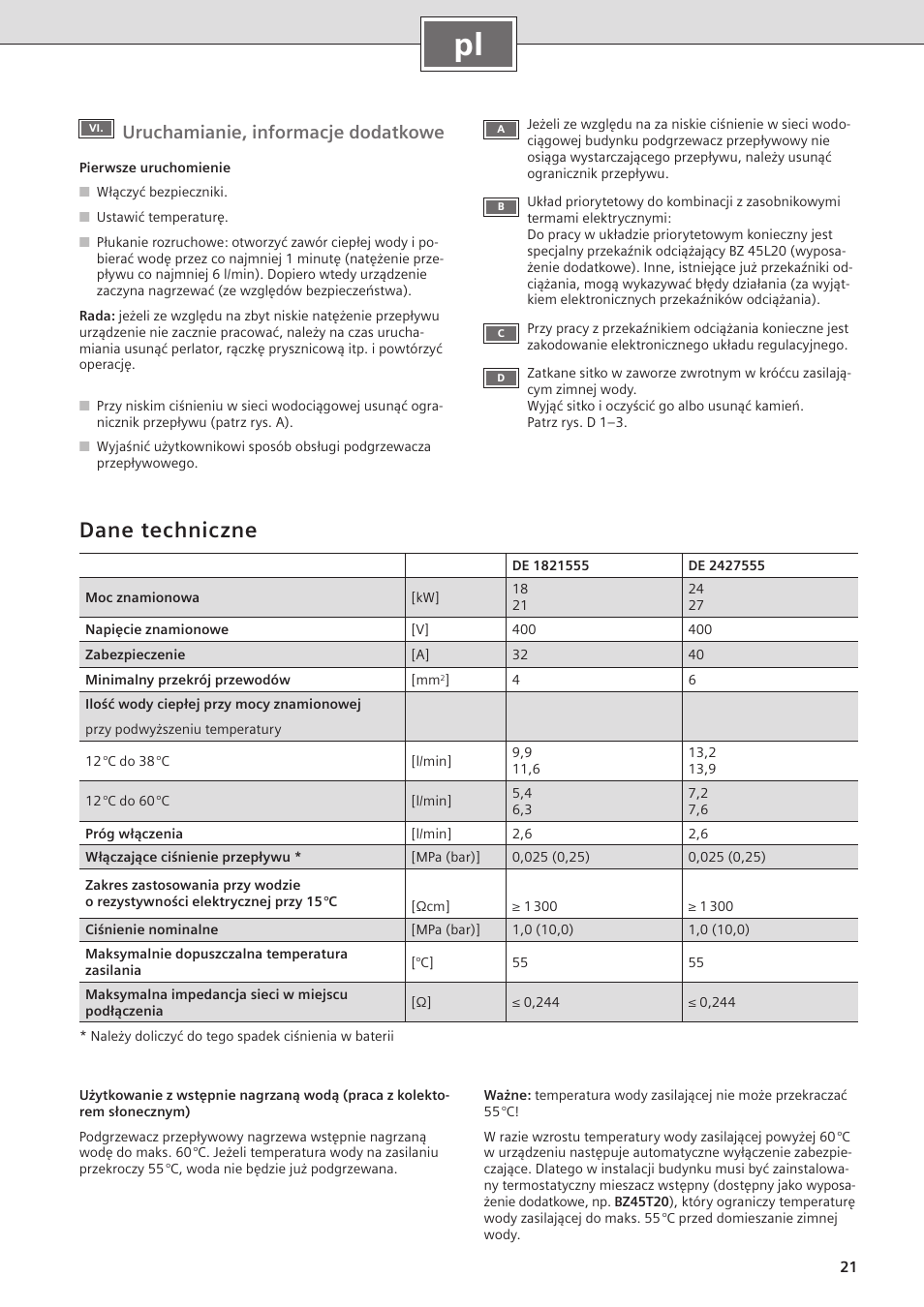 Dane techniczne, Uruchamianie, informacje dodatkowe | Siemens DE2427555 User Manual | Page 29 / 36