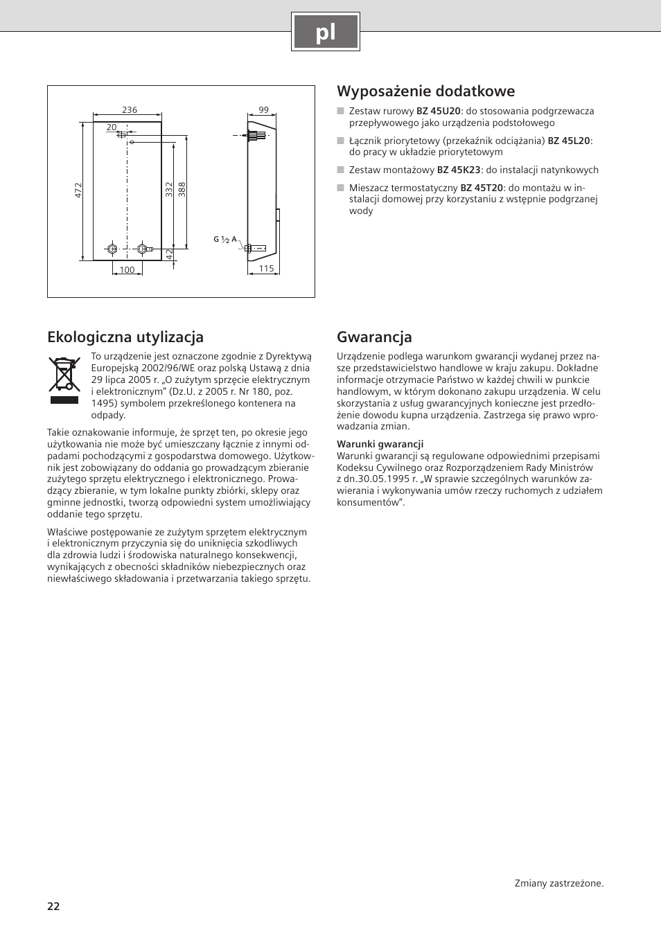 Wyposażenie dodatkowe, Ekologiczna utylizacja, Gwarancja | Siemens DE2427555 User Manual | Page 30 / 36