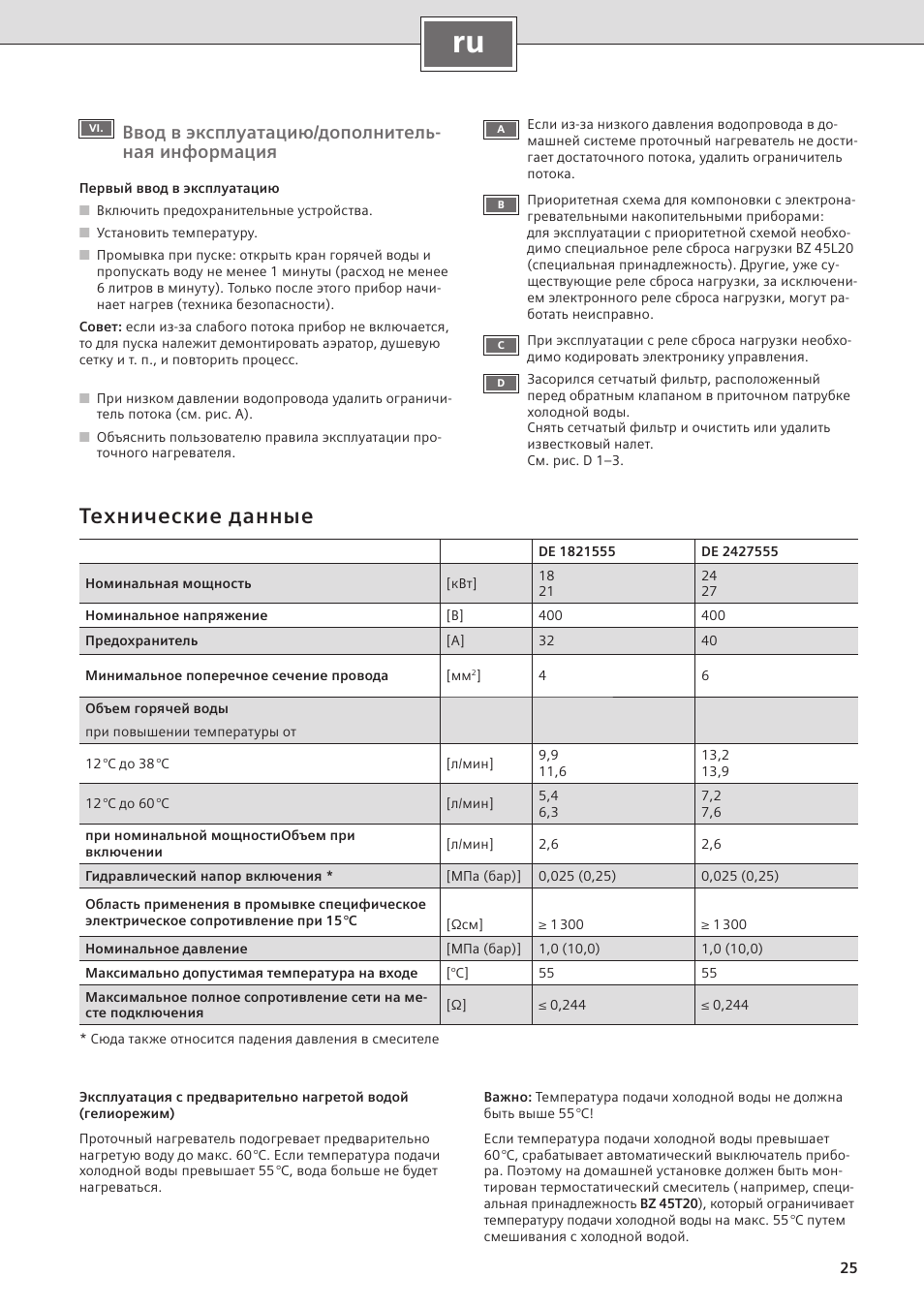 Технические данные, Ввод в эксплуатацию/дополнитель- ная информация | Siemens DE2427555 User Manual | Page 33 / 36