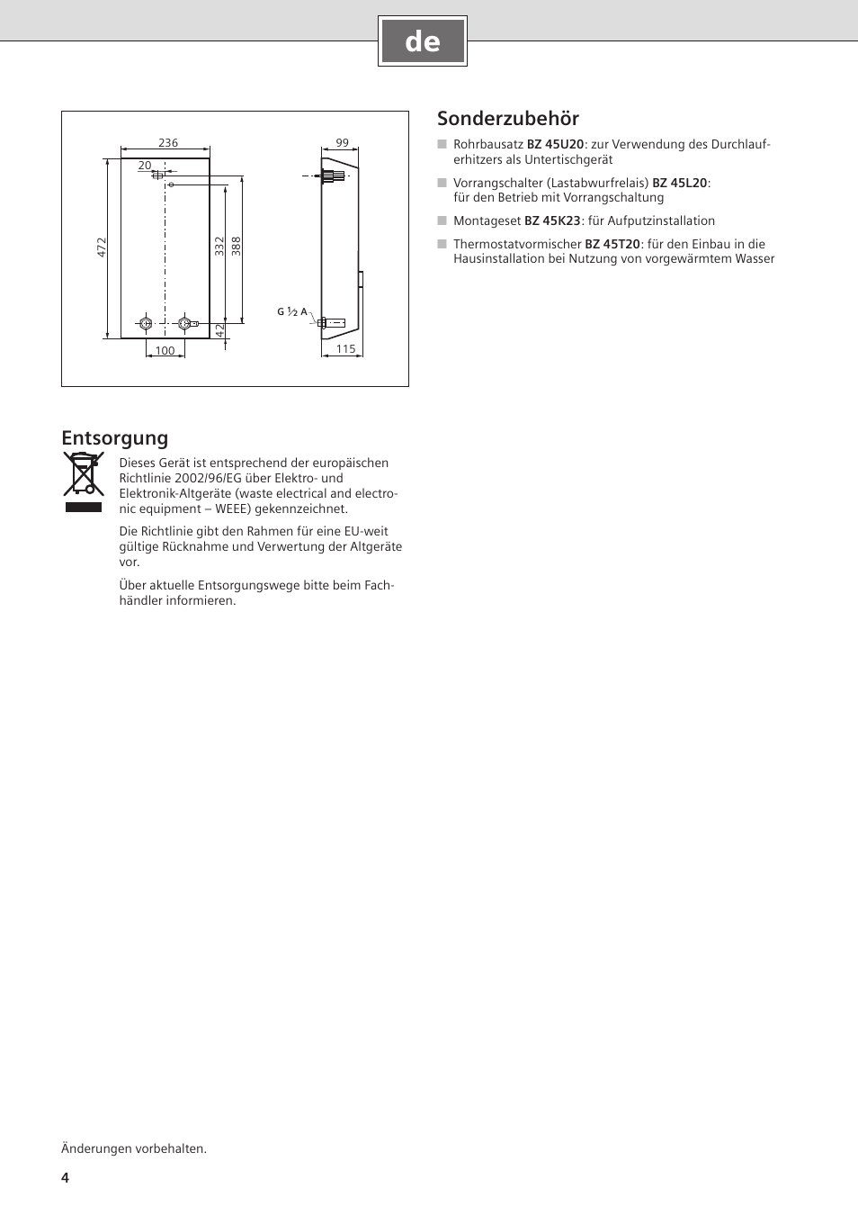 Sonderzubehör, Entsorgung | Siemens DE2427555 User Manual | Page 4 / 36