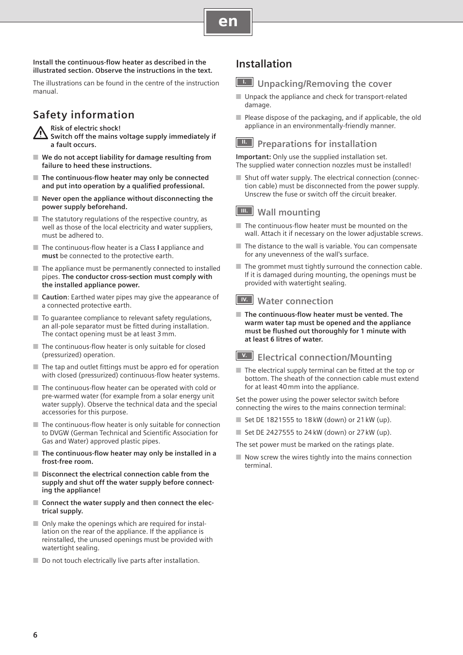 Safety information, Installation, Unpacking/removing the cover | Preparations for installation, Wall mounting, Water connection, Electrical connection/mounting | Siemens DE2427555 User Manual | Page 6 / 36