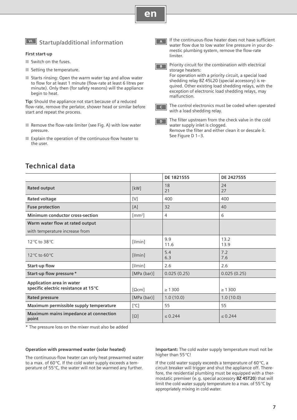 Technical data, Startup/additional information | Siemens DE2427555 User Manual | Page 7 / 36