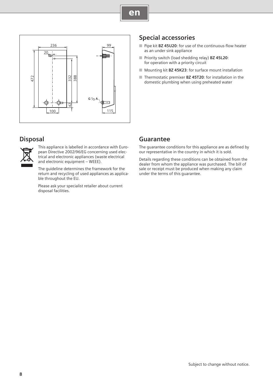 Special accessories, Guarantee, Disposal | Siemens DE2427555 User Manual | Page 8 / 36