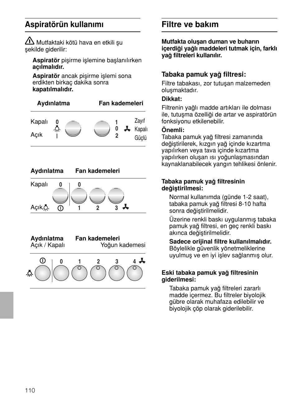 Filtre ve bak∂m, Aspiratörün kullan∂m | Siemens LU17122 User Manual | Page 110 / 124