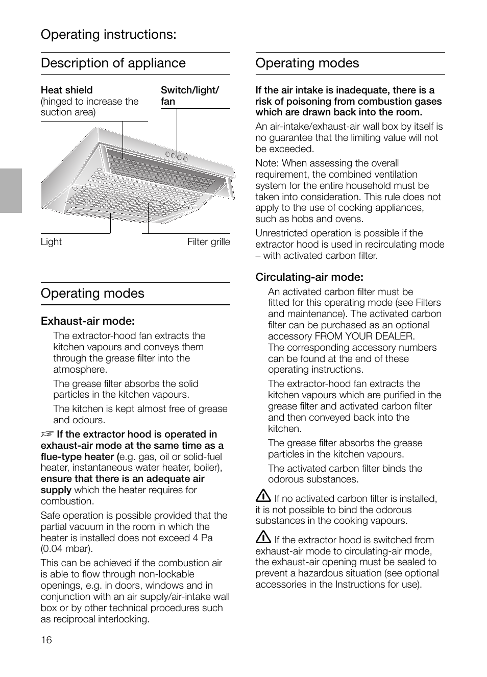 Description of appliance operating instructions, Operating modes | Siemens LU17122 User Manual | Page 16 / 124