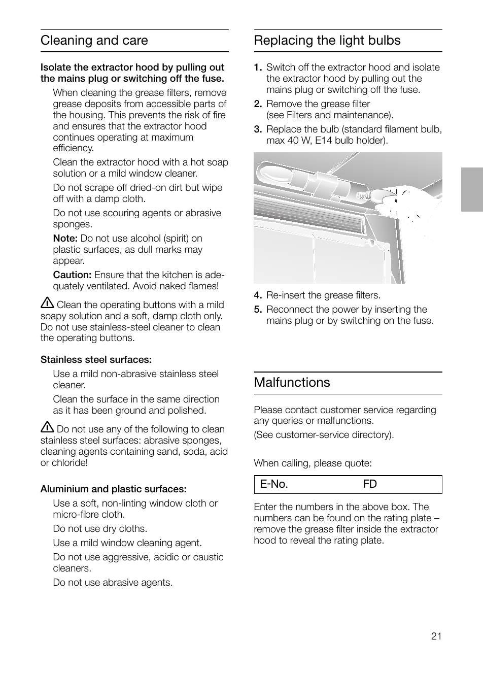 Replacing the light bulbs, Cleaning and care, Malfunctions | Siemens LU17122 User Manual | Page 21 / 124