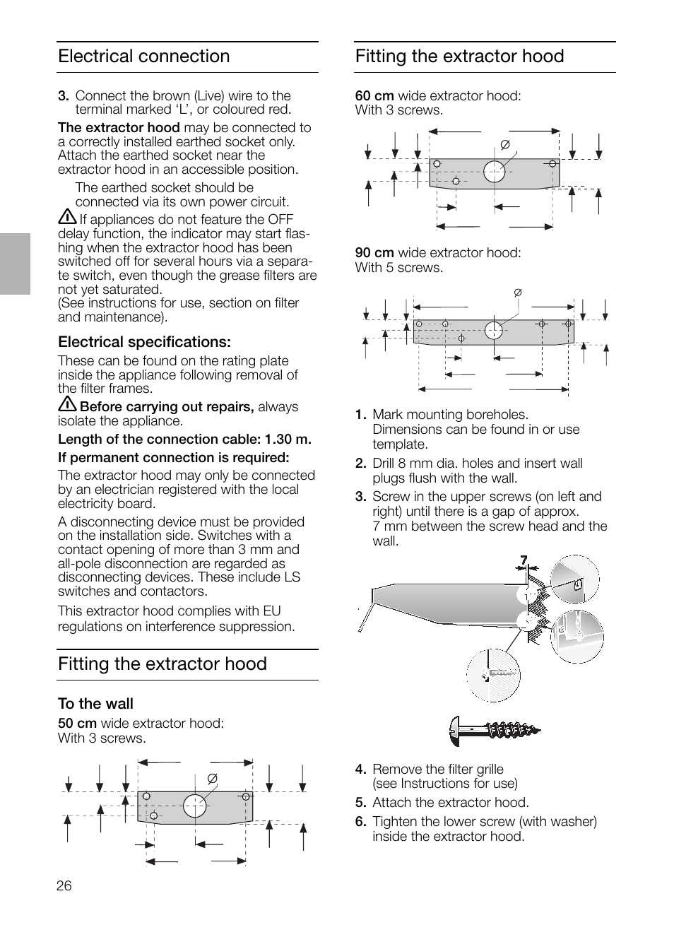 Electrical connection, Fitting the extractor hood | Siemens LU17122 User Manual | Page 26 / 124