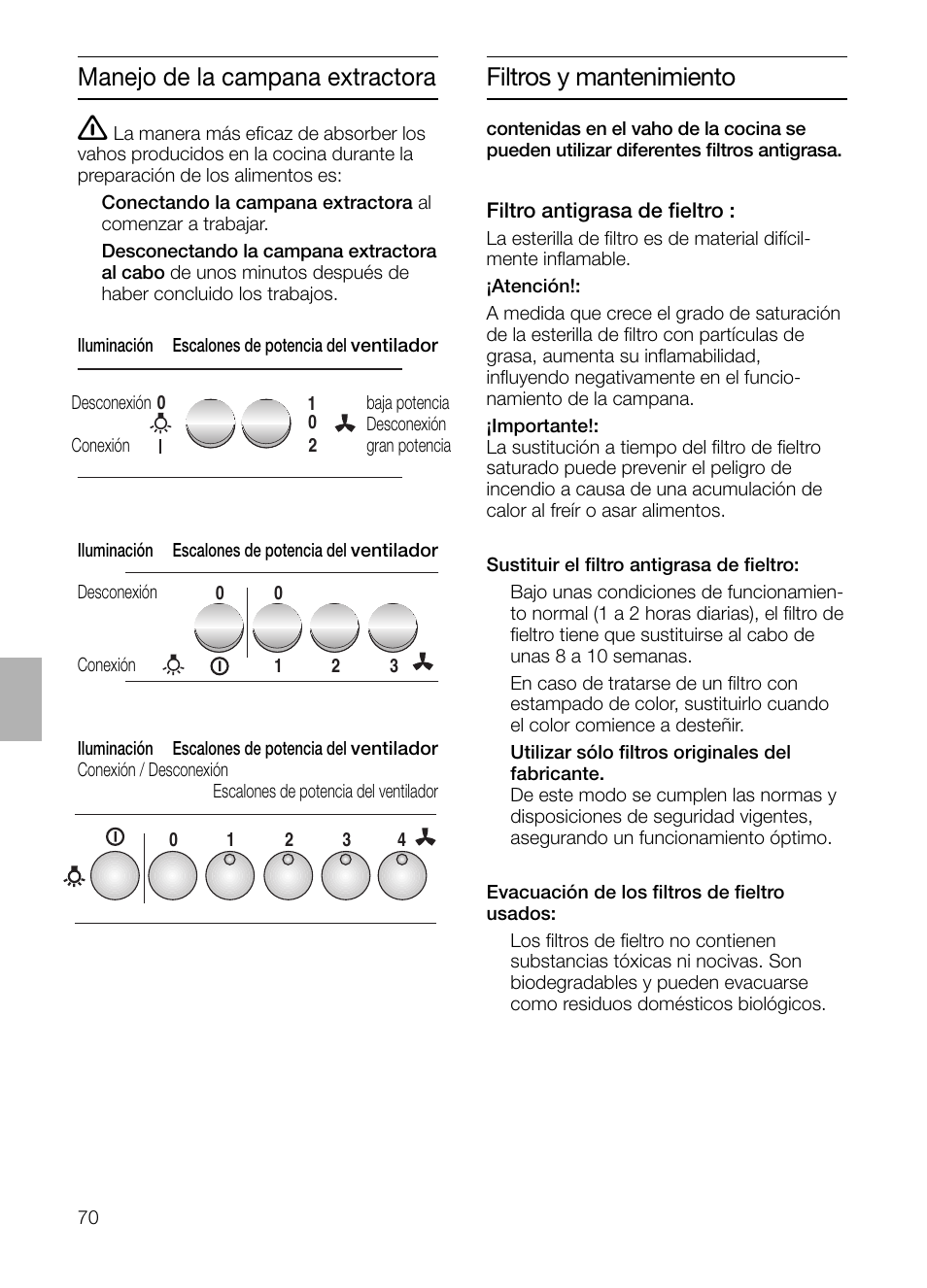 Manejo de la campana extractora, Filtros y mantenimiento | Siemens LU17122 User Manual | Page 70 / 124