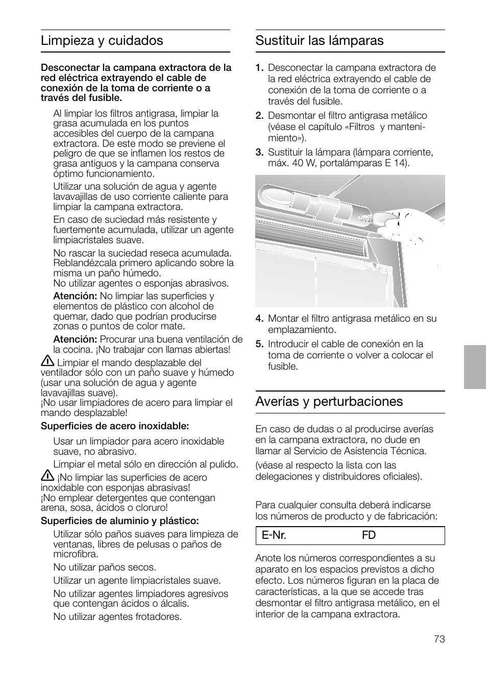 Sustituir las lámparas, Limpieza y cuidados, Averías y perturbaciones | Siemens LU17122 User Manual | Page 73 / 124