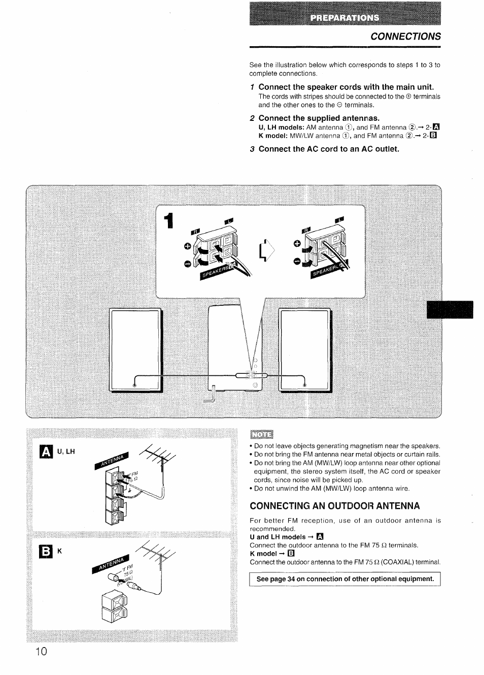 1 connect the speaker cords with the main unit, 2 connect the supplied antennas, 3 connect the ac cord to an ac outlet | Connecting an outdoor antenna, Connections | Aiwa LCX-301 User Manual | Page 10 / 44