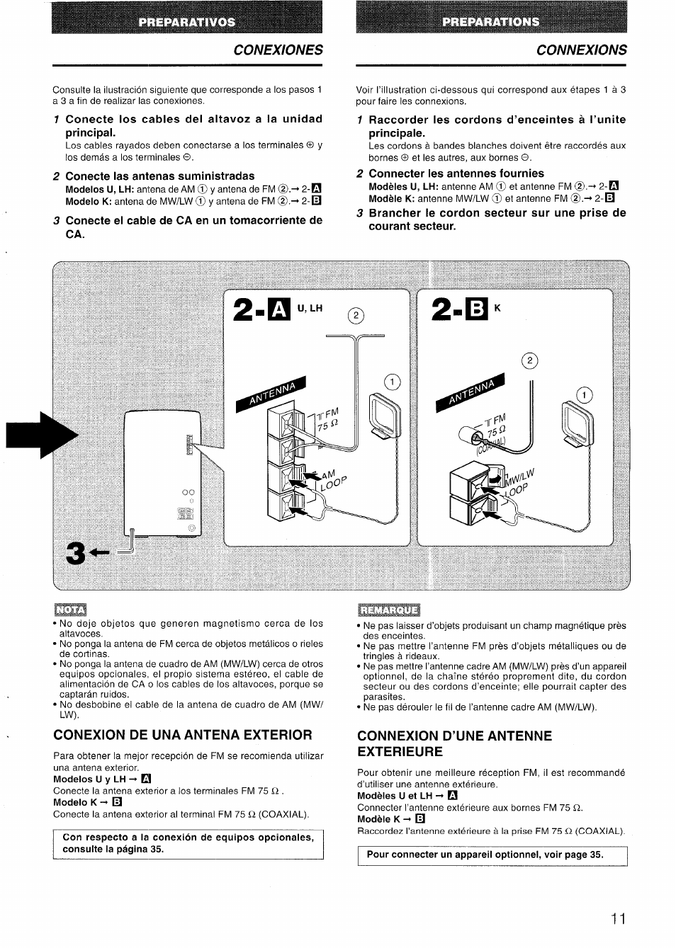 2 conecte las antenas suministradas, 3 conecte el cable de ca en un tomacorriente de ca, 2 connecter les antennes fournies | Conexion de una antena exterior, Connexion d’une antenne exterieure, Conexiones connexions | Aiwa LCX-301 User Manual | Page 11 / 44