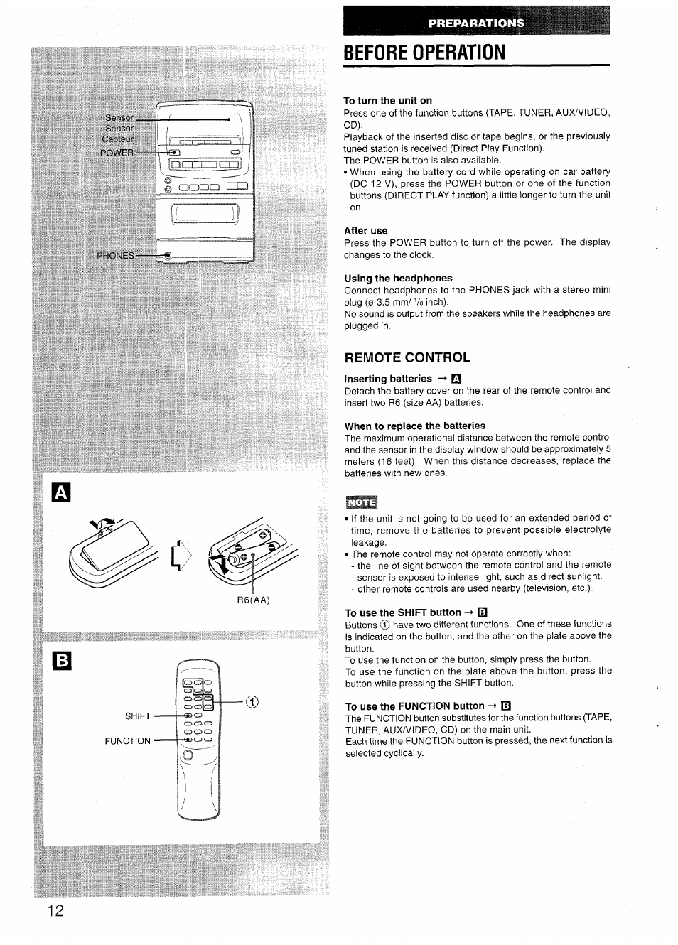 Before operation, To turn the unit on, After use | Using the headphones, Remote control, When to replace the batteries, To use the shift button -» 0, To use the function button 0 | Aiwa LCX-301 User Manual | Page 12 / 44