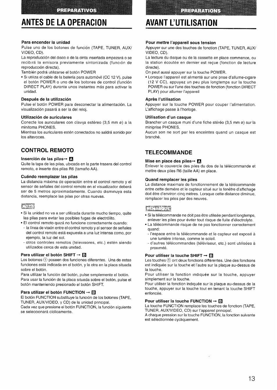 Antes de la operacion, Avant l’utilisation, Para encender la unidad | Utilización de auriculares, Pour mettre l’appareil sous tension, Control remoto, Telecommande, Quand remplacer ies piies | Aiwa LCX-301 User Manual | Page 13 / 44