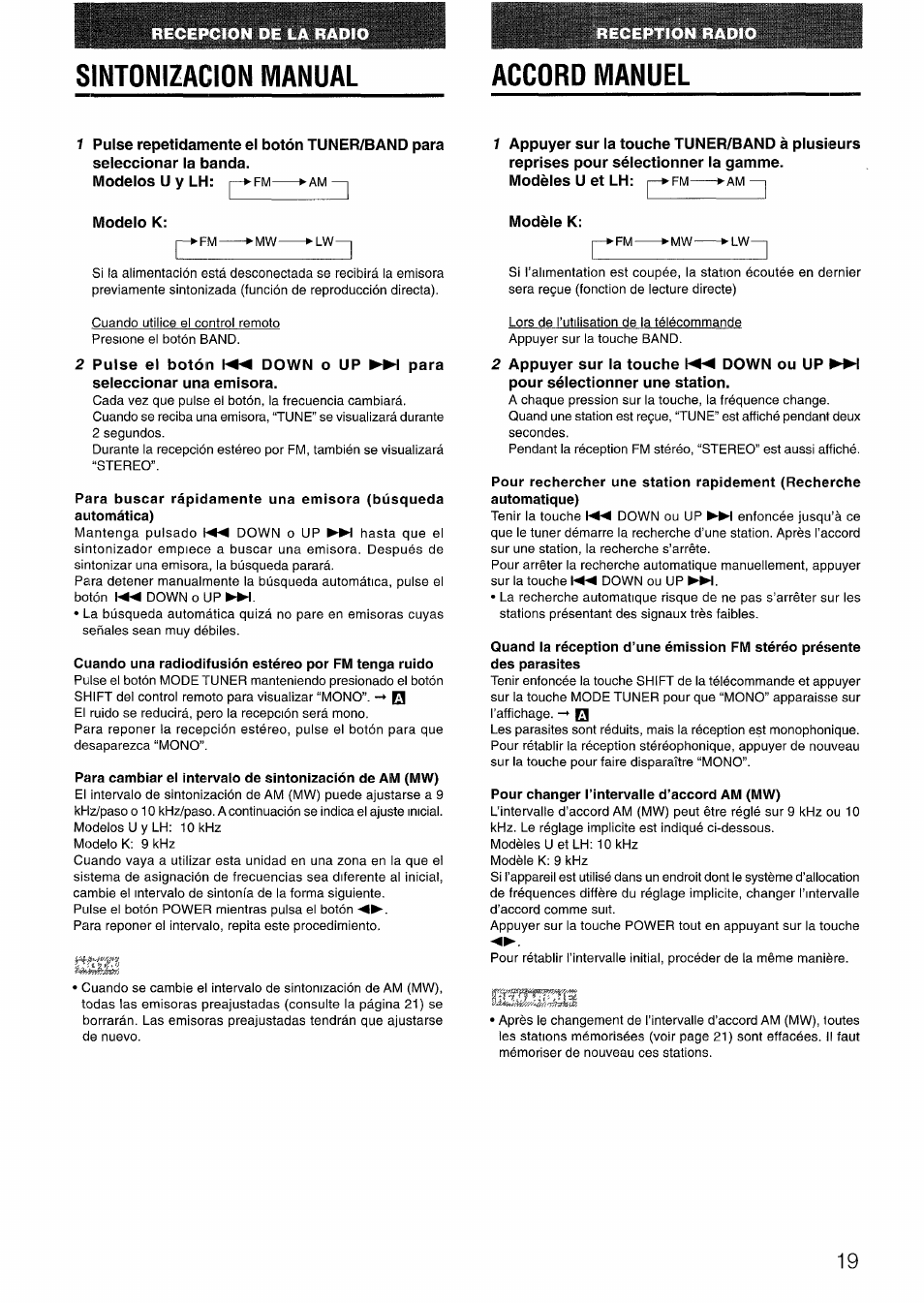 Sintonizacion manual, Modelos u y lh: p»fm ►am, Modèles u et lh: r—►fm ►am | Modèle k, Pour changer l’intervaile d’accord am (mw), Accord manuel | Aiwa LCX-301 User Manual | Page 19 / 44