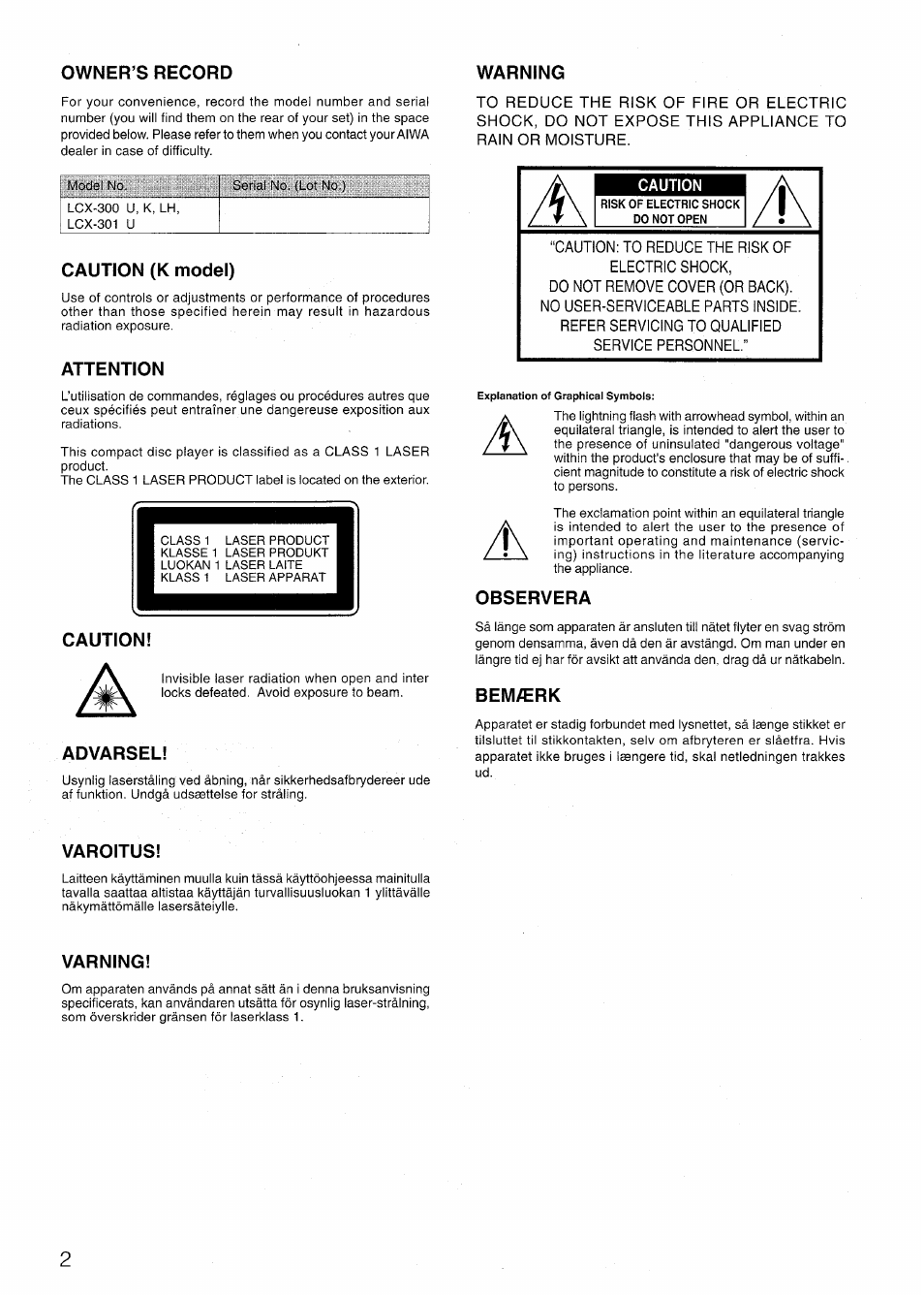 Caution (k model), Attention, Caution | Advarsel, Observera, Bemærk, Varoitus, Yarning | Aiwa LCX-301 User Manual | Page 2 / 44