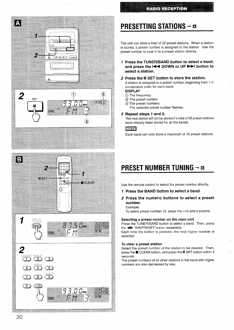 Presehing stations, 2 press the ii set button to store the station, 3 repeat steps 1 and 2 | Preset number tuning^ a, 1 press the band button to select a band, Selecting a preset number on the main unit, To clear a preset station, Presetting stations preset number tuning, T~ j | Aiwa LCX-301 User Manual | Page 20 / 44