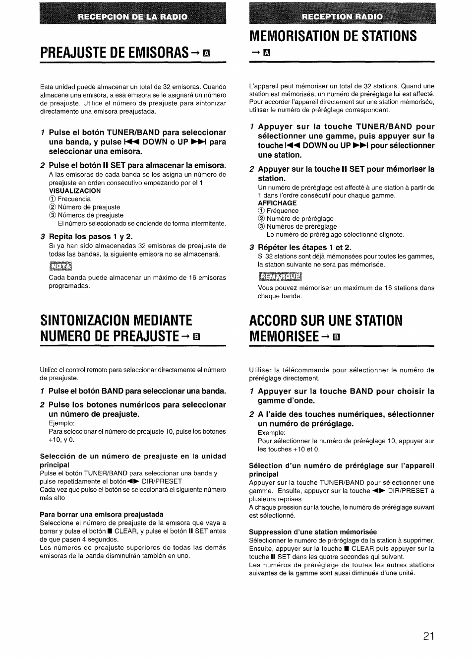 Preajuste de emisoras ^ei, Memorisation de stations, Visualizacion | Sintonizacion mediante numero de preajustem, Accord sur une station memorisee, Para borrar una emisora preajustada, Suppression d’une station mémorisée, Preajuste de emisoras | Aiwa LCX-301 User Manual | Page 21 / 44