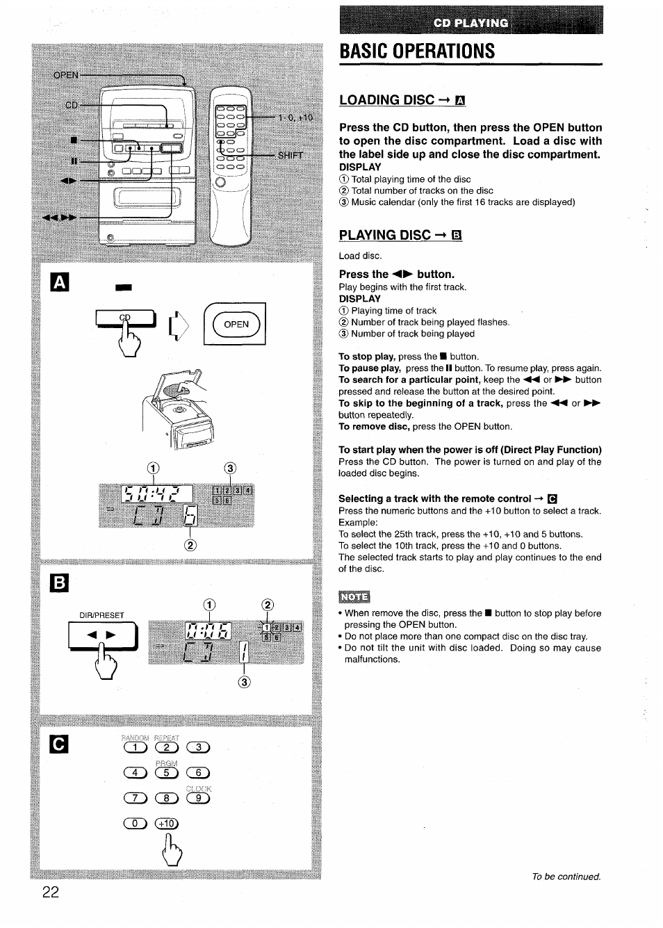 Basic operations, Loading disc -> h, Playing disc -» b | Display, Selecting a track with the remote control q, Cd cd cd (x) cd cd cd | Aiwa LCX-301 User Manual | Page 22 / 44