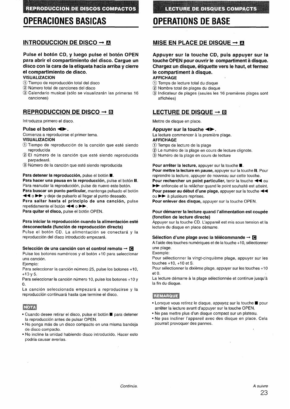 Operaciones basicas, Operations de base, Introduccion de disco -> h | Mise en place de disque -> h, Visualizacion, Affichage, Reproduccion de disco m, Selección de una canción con el control remoto q, Lecture de disque, Sélection d’une plage avec la télécommande h | Aiwa LCX-301 User Manual | Page 23 / 44